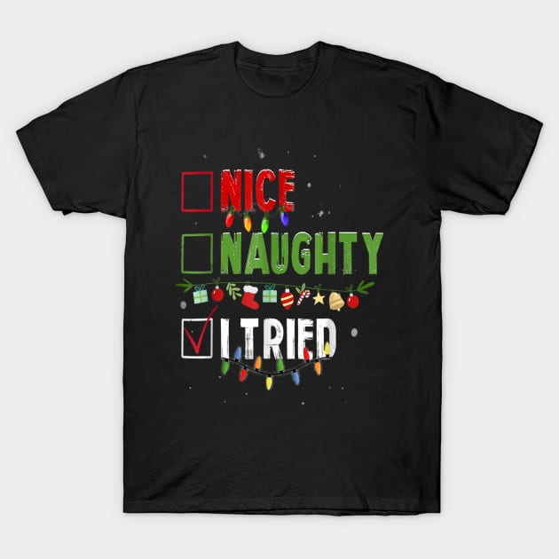 Funny Christmas Nice Naughty I Tried Holiday Xmas T-Shirt by Gadsengarland.Art